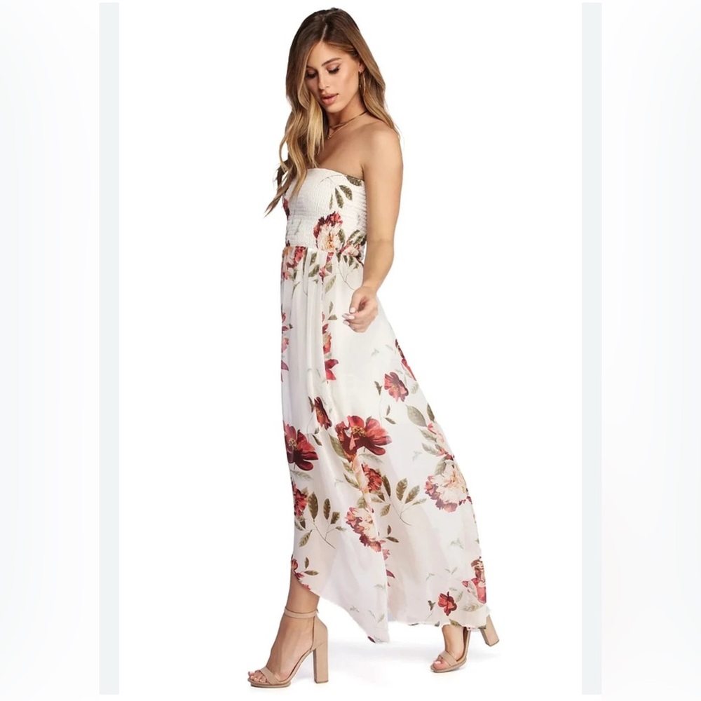 VENUS White Strapless Floral Maxi Dress with Red-Pink Blooms